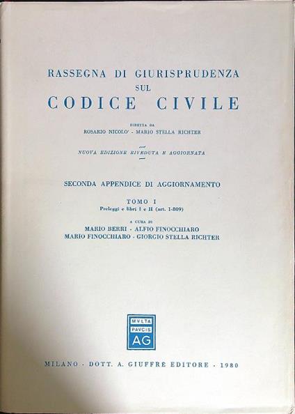 Rassegna di giurisprudenza sul codice civile - 2 Appendice di aggiornamento tomo I - copertina