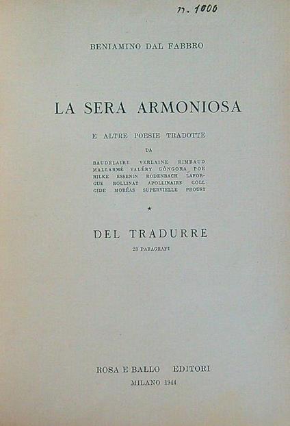 La sera armoniosa - Beniamino Dal Fabbro - copertina