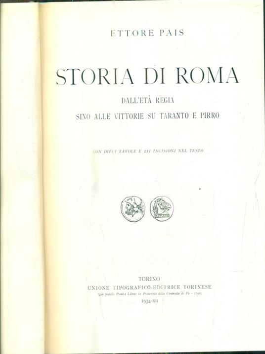 Storia di Roma dall'età regia sino alle vittorie su Taranto e Pirro - Ettore Pais - copertina