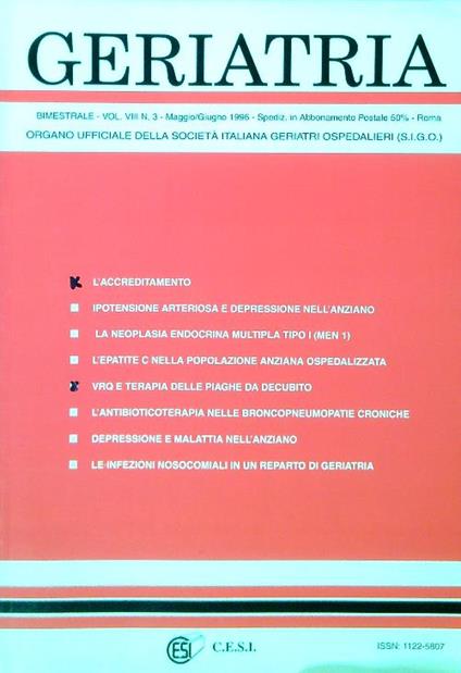 Geriatria - Vol VIII N. 3 - Maggio Giugno 1996 - copertina