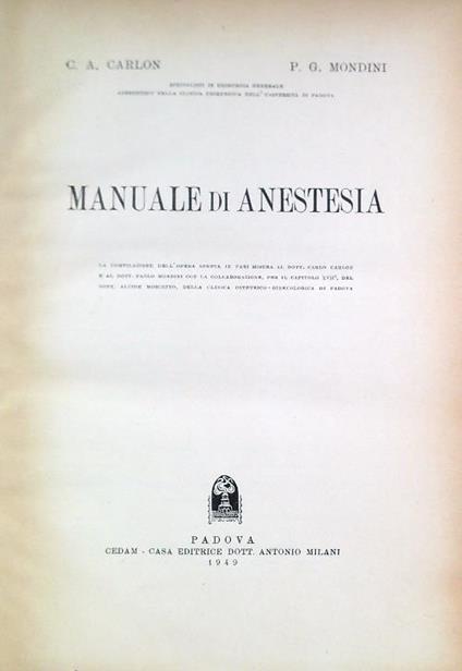 Manuale di anestesia - C. A. Carlon - copertina
