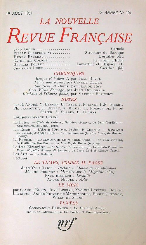 La nouvelle revue francaise 104/1961