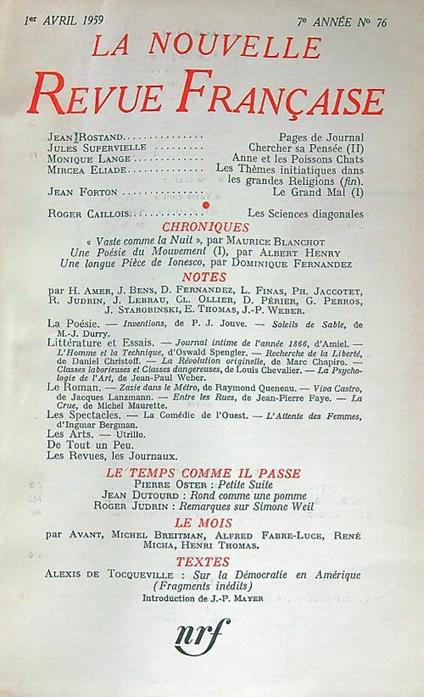 La Nouvelle Revue francaise 76/ Avril 1959 - copertina