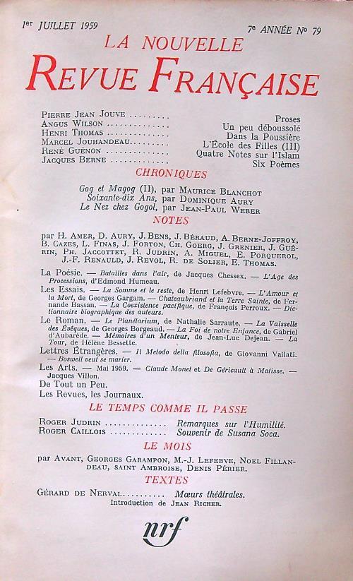 La nouvelle revue Francaise 79/ juillet 1959