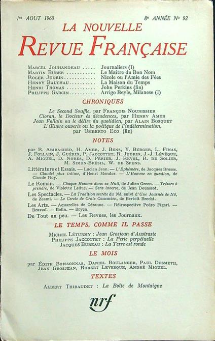 La nouvelle revue francaise 92/aout 1960 - copertina