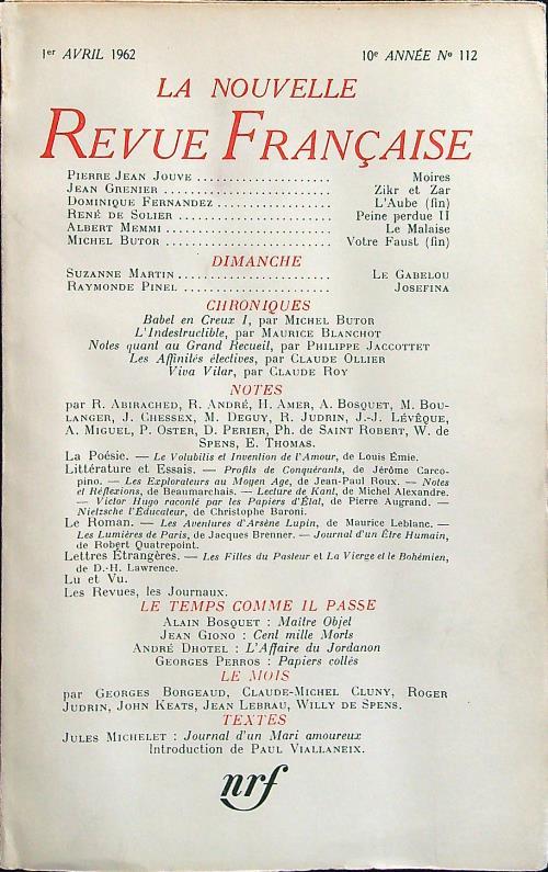La nouvelle revue francaise 112/avril 1962