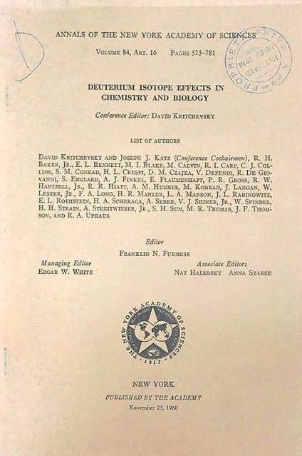 Deuterium Isotope Effects in Chemistry and Biology - David Kritchevsky - copertina