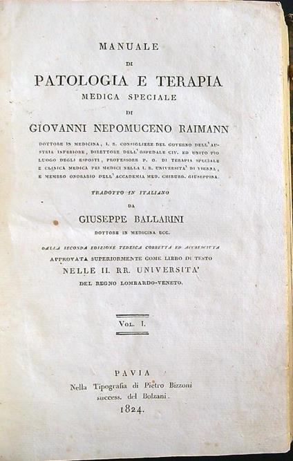 Manuale di patologia e terapia medica speciale vol.I - Giovanni Nepomuceno Raimann - copertina