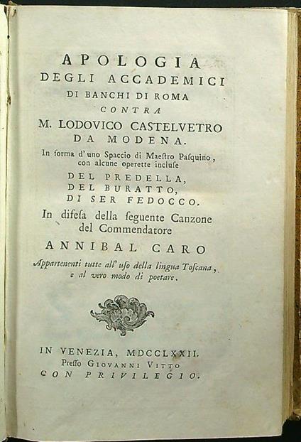 Apologia degli accademici dei banchi di Roma - Annibal Caro - copertina