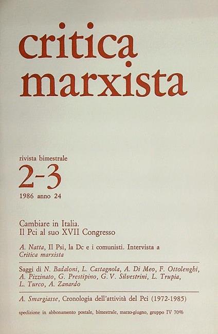 Critica Marxista 2- 3/ 1986 - copertina
