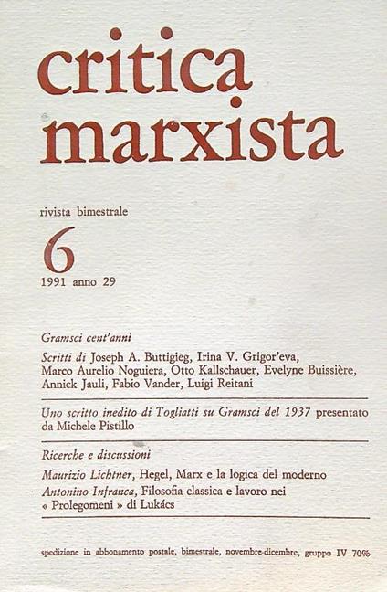 Critica marxista 6/ 1991 - copertina