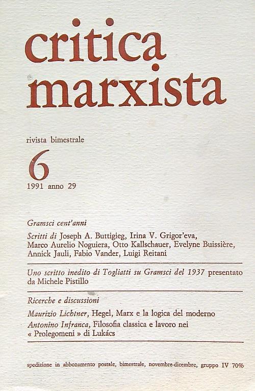 Critica marxista 6/ 1991 - copertina