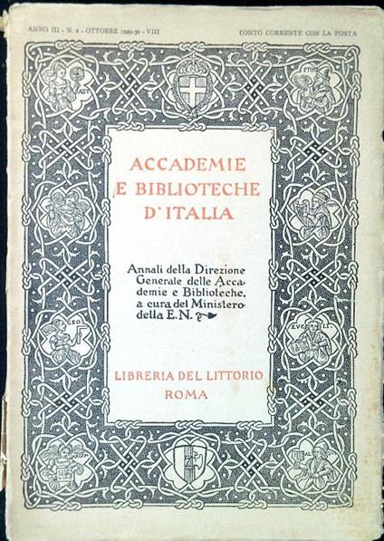 Accademie e biblioteche d'Italia - Anno III, N. 2/Ottobre 1929-30 - copertina