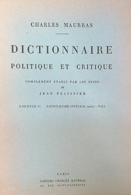 Dictionnaire politique et critique N. 17 - Charles Maurras - copertina