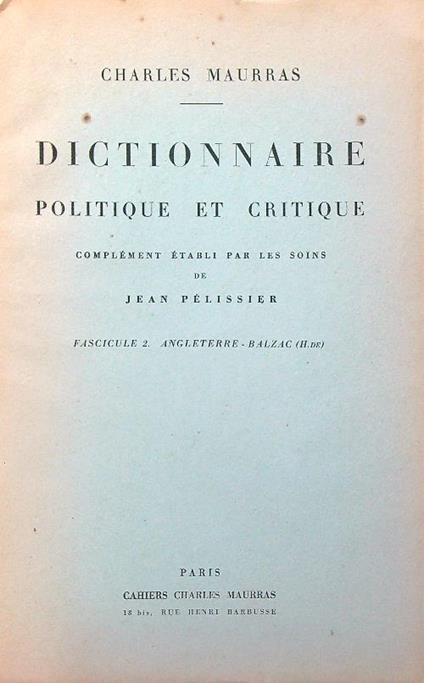 Dictionnaire politique et critique N. 2 - Charles Maurras - copertina