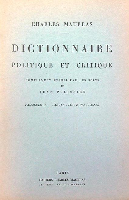 Dictionnaire politique et critique n. 14 - Charles Maurras - copertina