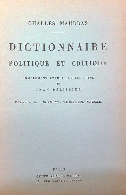 Dictionnaire politique et critique n. 16 - Charles Maurras - copertina