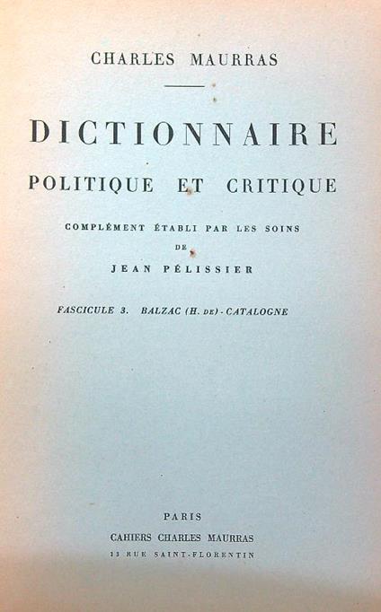Dictionnaire politique et critique n. 3 - Charles Maurras - copertina