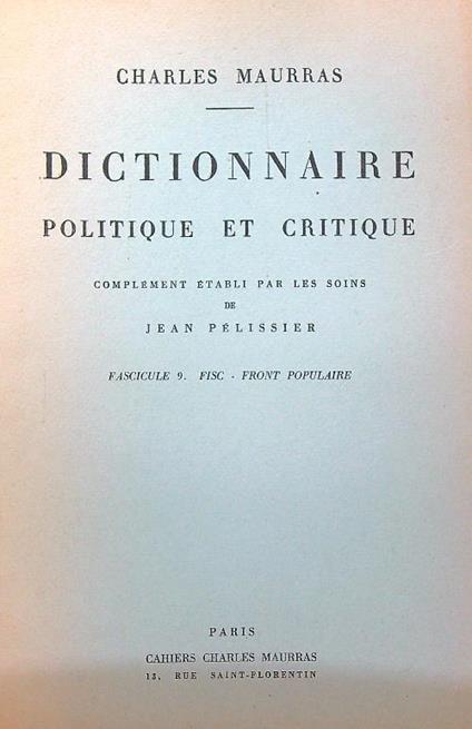 Dictionnaire politique et critique n. 9 - Charles Maurras - copertina