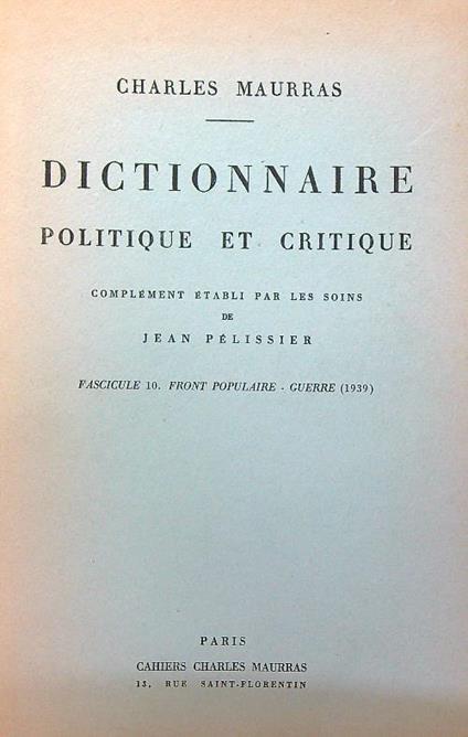 Dictionnaire politique et critique n. 10 - Charles Maurras - copertina
