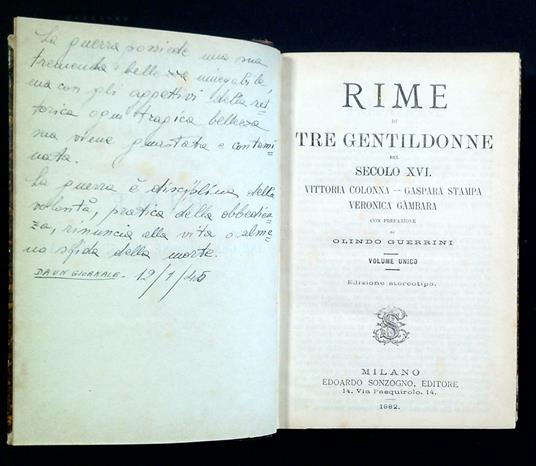 Rime di tre gentildonne del secolo XVI - Le vite di pittori, scultori e arch. - Vittoria Colonna,Gaspara - Gambara, Ver Stampa - copertina