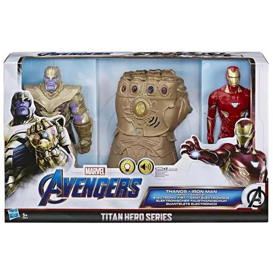 Marvel Avengers Guanto dell'' Infinito + 2 Action Figures Iron Man e Thanos 30cm