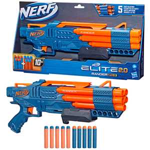 Giocattolo Nerf Elite 2.0 - Ranger PD-5, blaster a raffica a 5 canne con azione a pompa, include 10 dardi originali Nerf Elite Hasbro