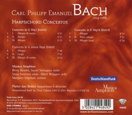 Concerti per clavicembalo, archi e basso - CD Audio di Carl Philipp Emanuel Bach - 2