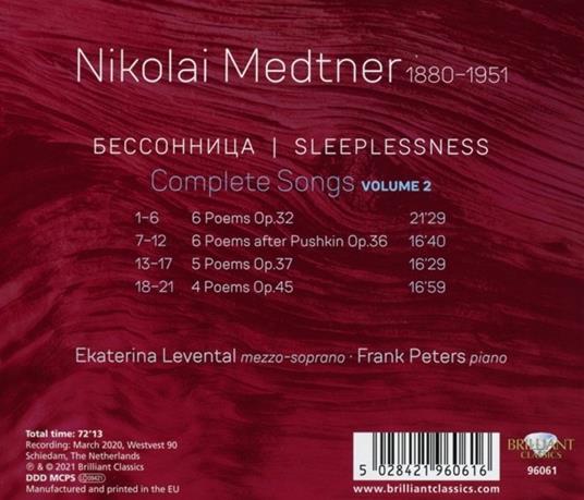 Complete Songs 2. Sleeplessness - CD Audio di Nikolaj Medtner,Ekaterina Levental - 2