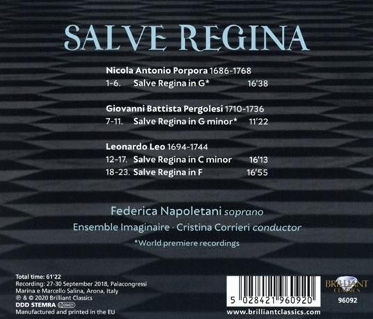 Salve Regina - CD Audio di Giovanni Battista Pergolesi,Leonardo Leo,Nicola Porpora,Federica Napoletani - 2