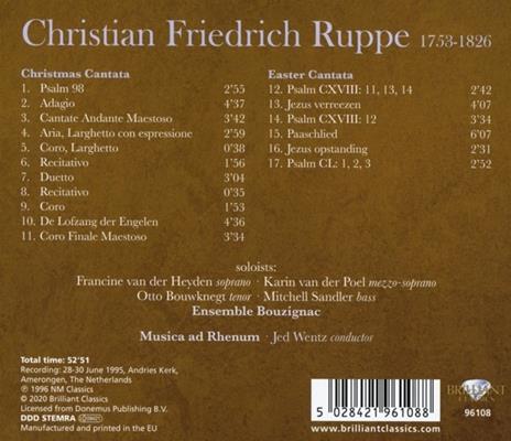 Cantata di Natale - Cantata di Pasqua - CD Audio di Jed Wentz,Christian Friedrich Ruppe - 2