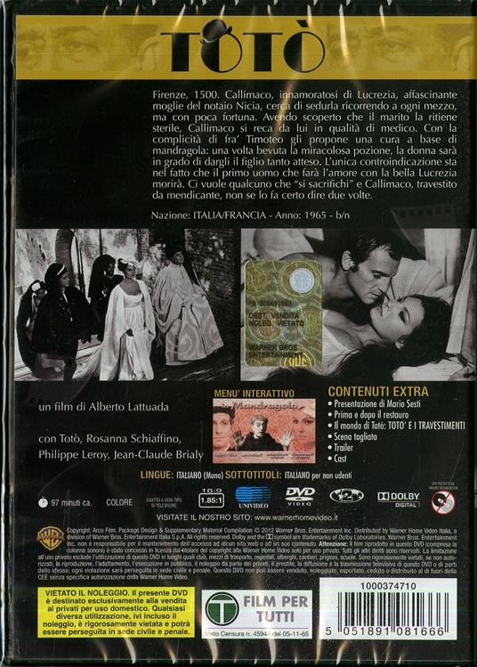 La mandragola di Alberto Lattuada - DVD - 2
