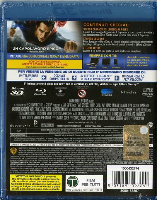 L' uomo d'acciaio 3D (Blu-ray + Blu-ray 3D)<span>.</span> versione 3D di Zack Snyder - Blu-ray + Blu-ray 3D - 2