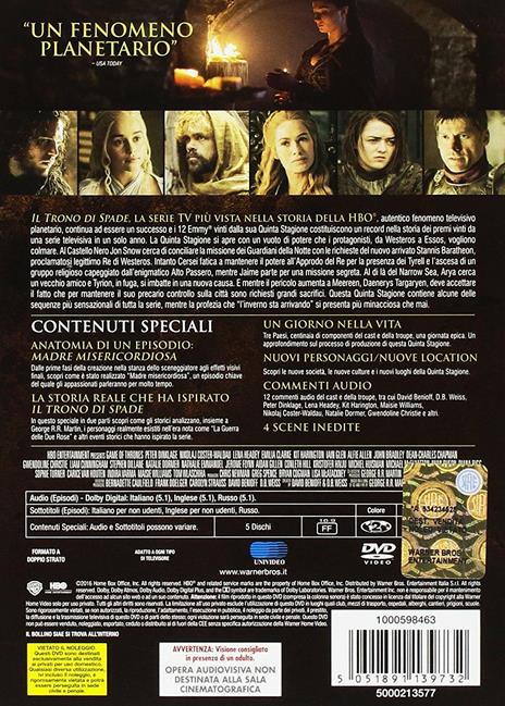 Il trono di spade. Stagione 5 (Serie TV ita) (5 DVD) di Alex Graves,Daniel Minahan,Alik Sakharov - DVD - 2