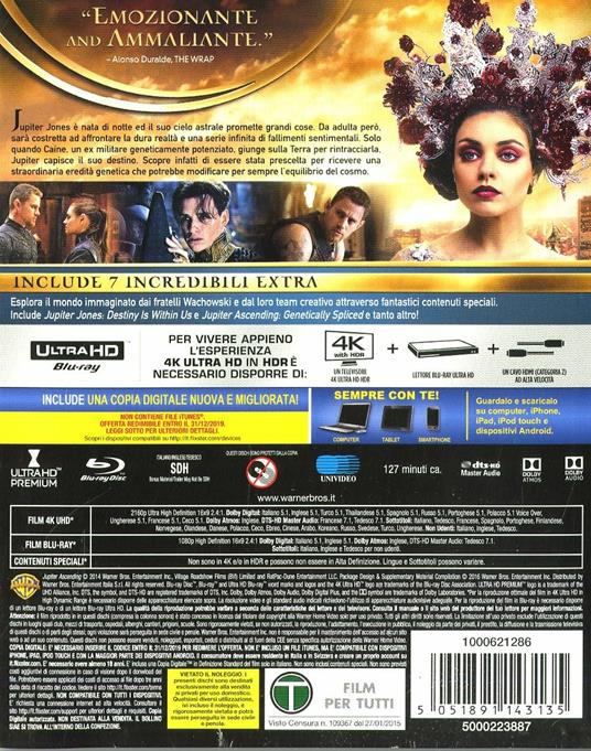 Jupiter Ascending (Blu-ray + Blu-ray 4K Ultra HD) di Andy Wachowski,Lana Wachowski - Blu-ray + Blu-ray Ultra HD 4K - 2