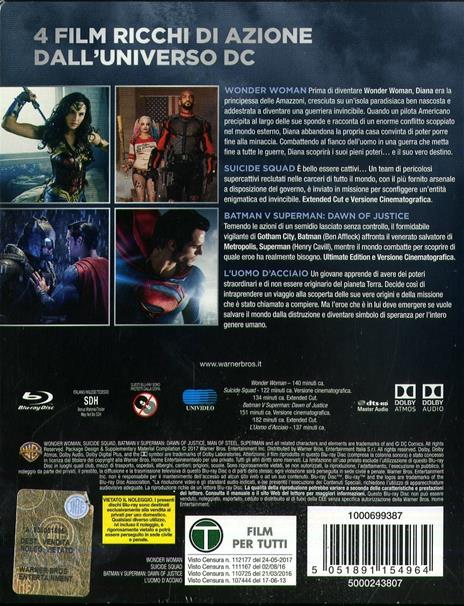 Boxset DC 4 film. Wonder Woman - Suicide Squad - L'uomo d'acciaio - Batman v Superman (4 Blu-ray) di David Ayer,Patty Jenkins,Zack Snyder - 2