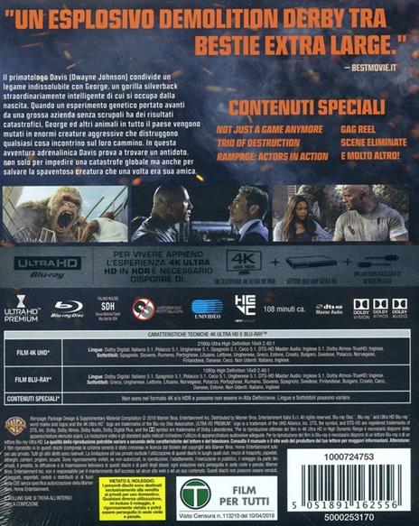 Rampage. Furia animale (Blu-ray + Blu-ray 4K Ultra HD) di Brad Peyton - Blu-ray + Blu-ray Ultra HD 4K - 2