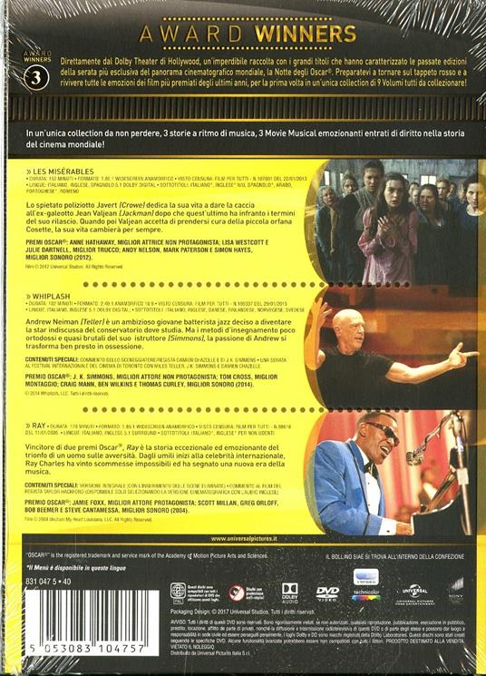 Les Misérables. Whiplash. Ray. Oscar Collection (3 DVD) di Damien Chazelle,Taylor Hackford,Tom Hooper - 2