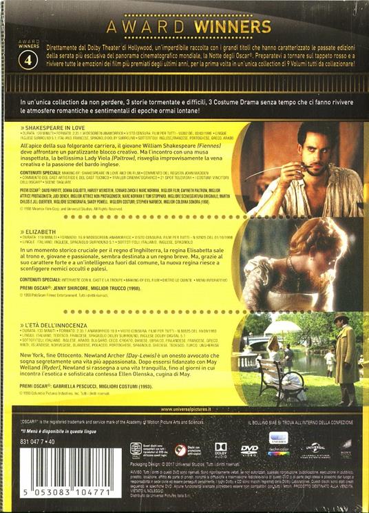 Shakespeare in Love. Elizabeth. L'età dell'innocenza. Oscar Collection (3 DVD) di Shekar Kapur,John Madden,Martin Scorsese - 2
