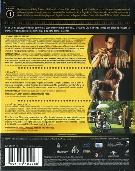 Shakespeare in Love. Elizabeth. L'età dell'innocenza. Oscar Collection (3 Blu-ray) di Shekar Kapur,John Madden,Martin Scorsese - 2