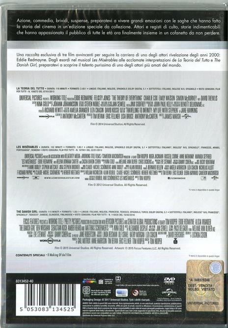 Eddie Redmayne Master Collection. La teoria del tutto - Les Misérables - The Danish Girl (3 DVD) di Tom Hooper,James Marsh - 2