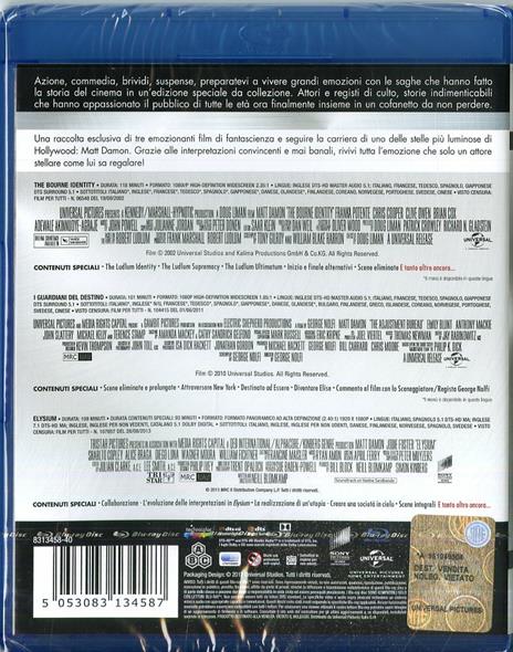 Matt Damon Master Collection. The Bourne Identity - Elysium - I guardiani del destino (3 Blu-ray) di Neill Blomkamp,Doug Liman,George Nolfi - 2