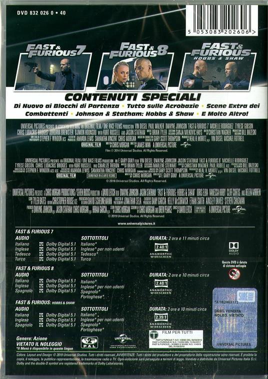 Fast & Furious 3 Movie Box Set (7-9). Hobbs & Shaw Collection (DVD) di David Leitch,James Wan,F. Gary Gray - 2