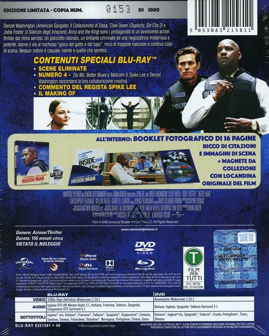 Inside Man. Limited Edition. I Numeri 1. Con Booklet e magnete (DVD + Blu-ray) di Spike Lee - DVD + Blu-ray - 2