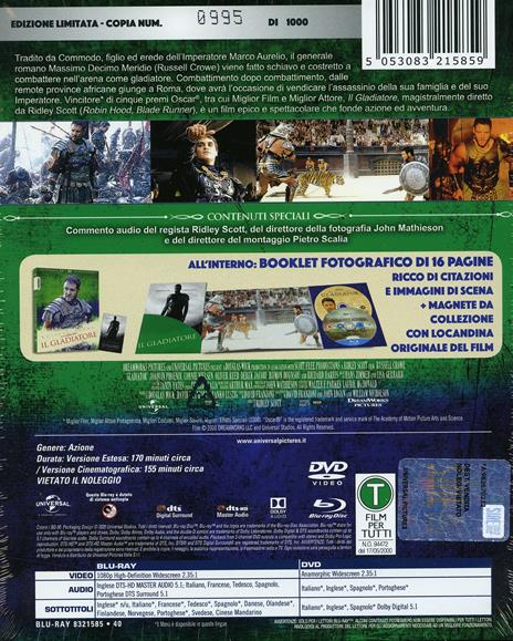 Il Gladiatore. Limited Edition. I Numeri 1. Con Booklet e magnete (DVD + Blu-ray) di Ridley Scott - DVD + Blu-ray - 2