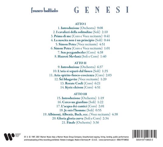 Genesi. Opera in tre atti di Franco Battiato (Remaster 2021) - CD Audio di Franco Battiato,Juri Camisasca,Alessandro Nidi,Orchestra Sinfonica dell'Emilia-Romagna - 2
