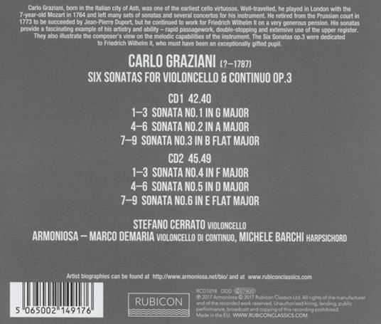 6 sonate per violoncello e basso continuo op.3 - CD Audio di Carlo Graziani,Stefano Cerrato,Armoniosa,Michel Barchi - 2