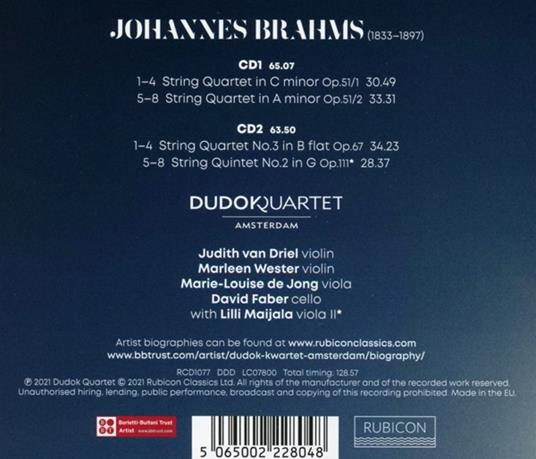 Streichqartette 1-3 - Streichquintett Nr. 2 - CD Audio di Johannes Brahms,Dudok Quartet Amsterdam - 2