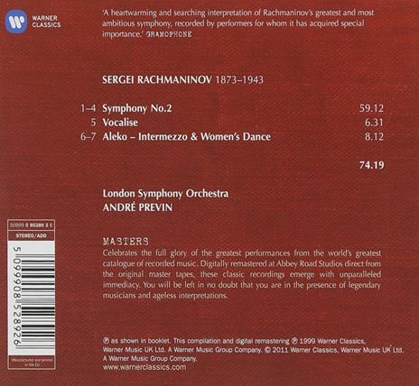Sinfonia n.2 - Aleko - Vocalise - Intermezzo e danza gitana - CD Audio di Sergei Rachmaninov,André Previn,London Symphony Orchestra - 2