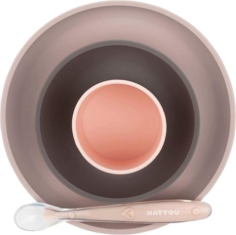 Nattou 877763 - Set da tavola in silicone per bambini, 4 pezzi, completo con piatto, ciotola, tazza, cucchiaio -  rosa, melanzana - 2